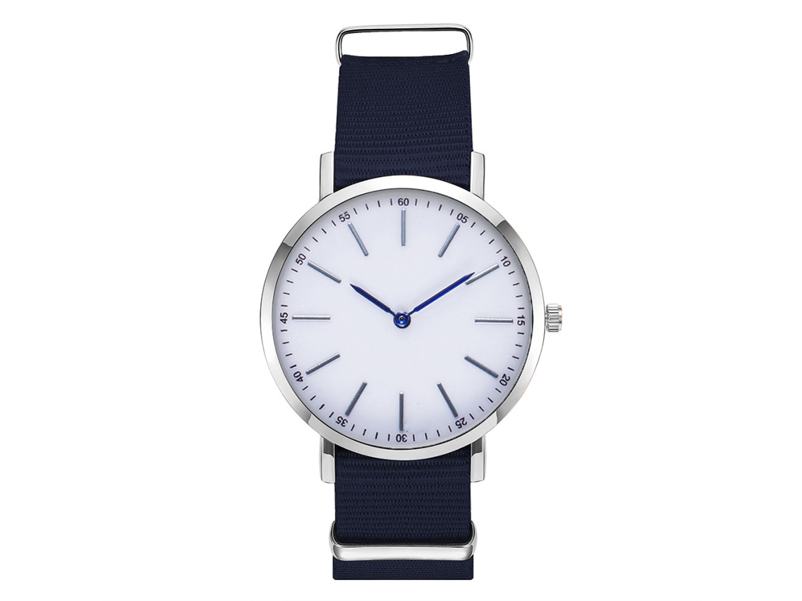 Relógio masculino de quartzo com pulseira de nylon azul royal, elegante e casual.