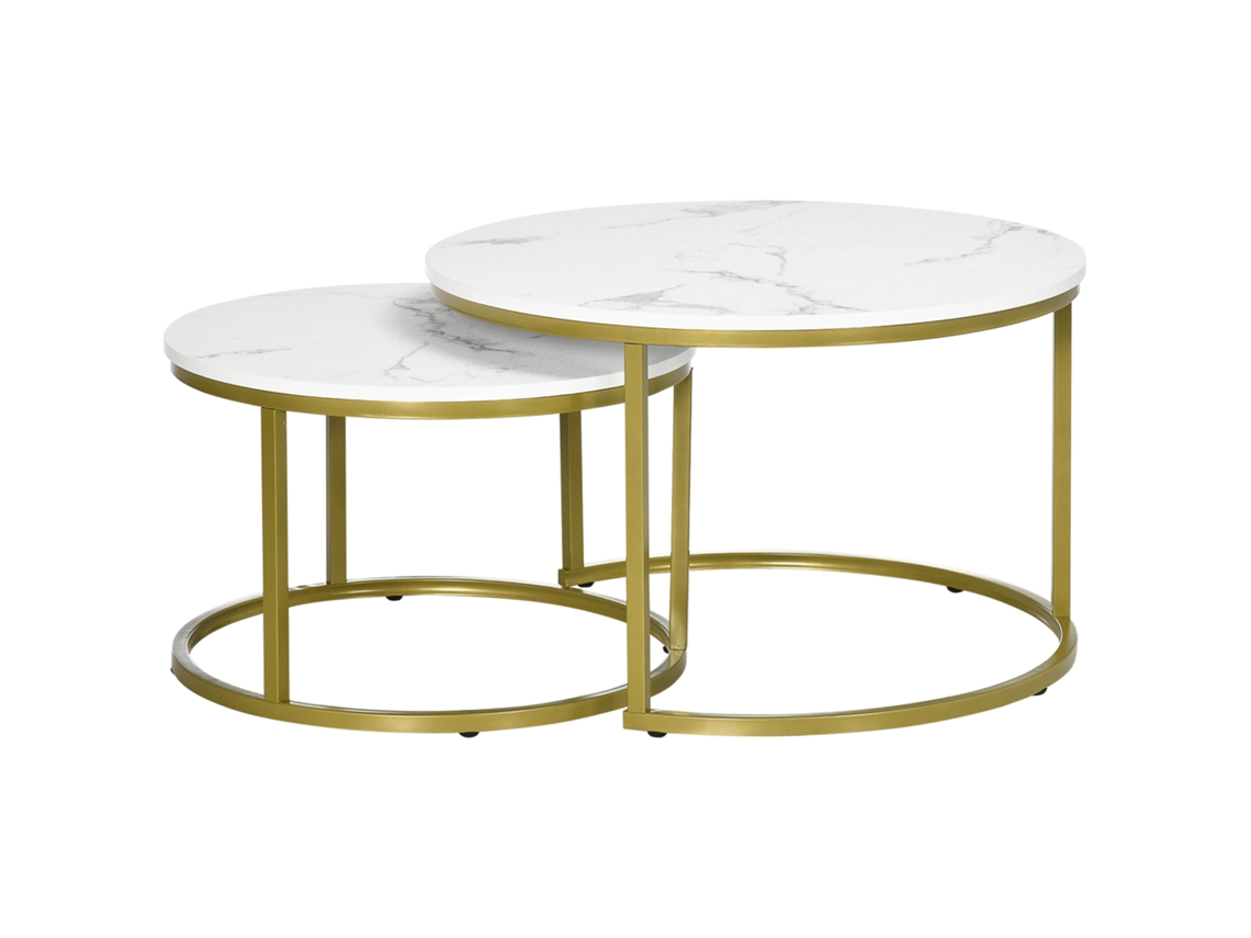 Conjunto de 2 Mesas de Centro Encaixáveis Redondas com Efeito Mármore e Pés de Aço Ø 74x46,3 cm BRANCO/DOURADO ORBITRA COMMERCE