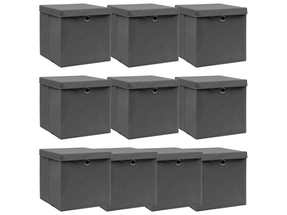 Vidaxl Caixas De Arrumação Com Tampas 10 Pcs 32x32x32 Cm Tecido Cinza