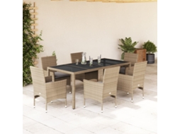 Vidaxl 7 Pcs Conjunto Jantar Jardim Com Almofadões Vime Pe/vidro Bege