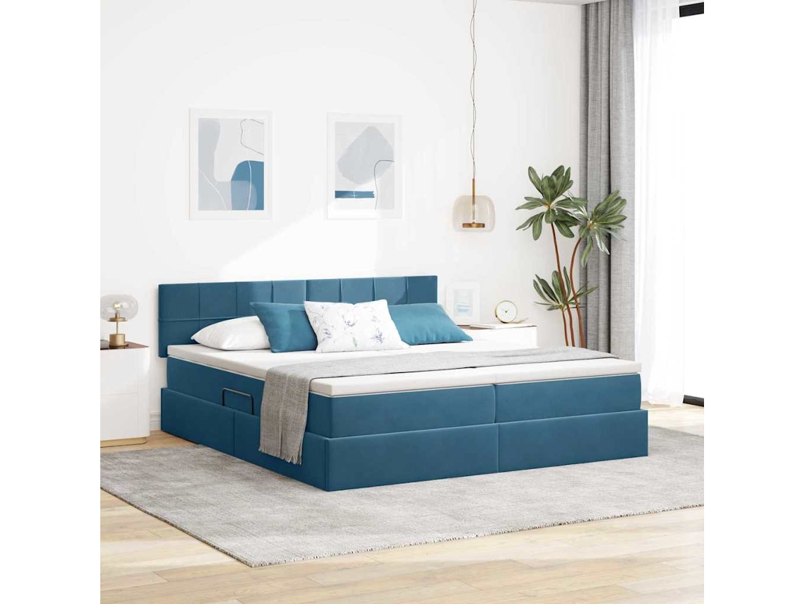 Vidaxl Cama de Armazenamento Led com Colchão Azul Escuro 180 X 200 Cm