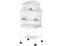 Gaiola para Pássaros com Rodas Bandeja Amovível Portas Comedouro Poleiro e Prateleira Inferior 50x49x137cm Branco