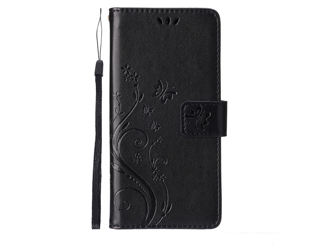 Capa Para Iphone 17 Pro Max Em Couro Preto Com Borboleta Em Relevo.