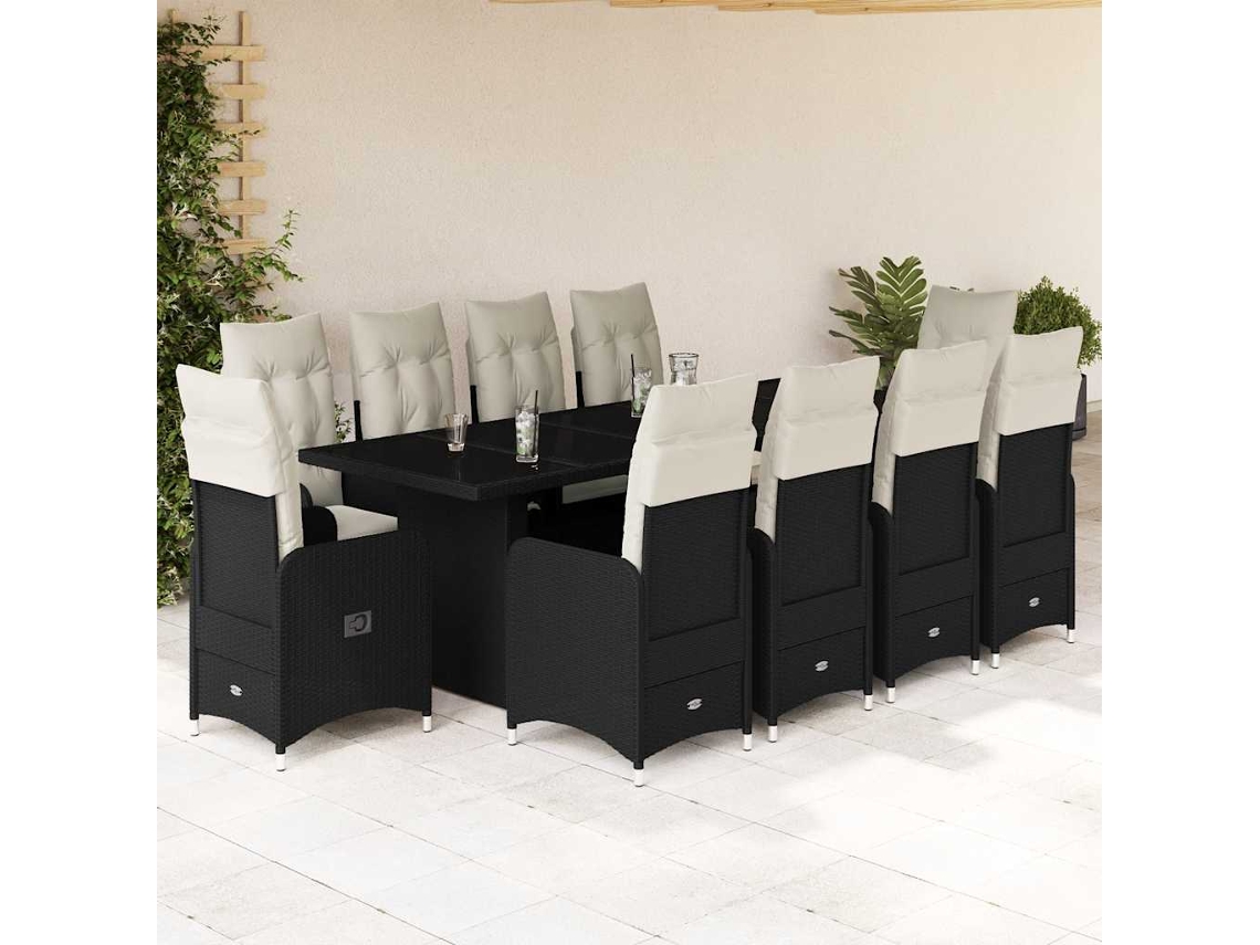 Vidaxl 11 Pcs Conjunto De Bistrô P/ Jardim C/ Almofadões Vime Pe Preto