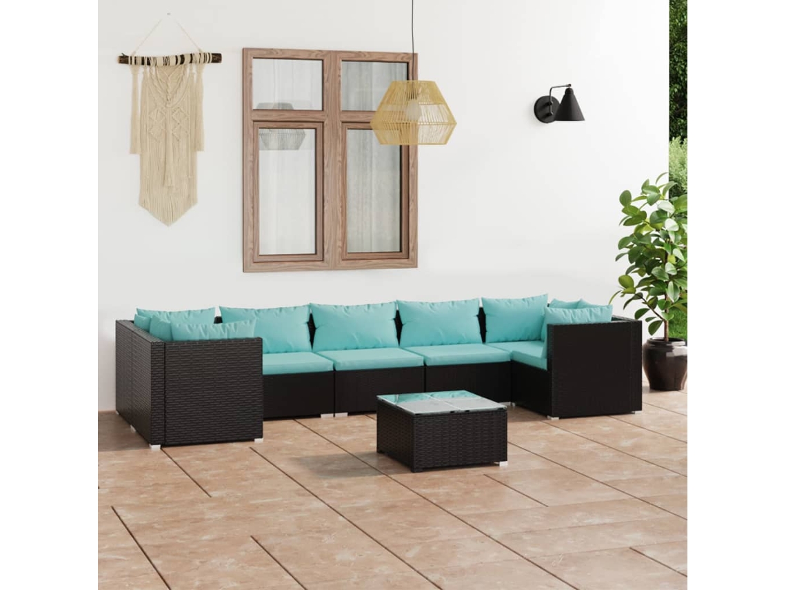 Vidaxl 8 Pcs Conjunto Lounge De Jardim C/ Almofadões Vime Pe Preto