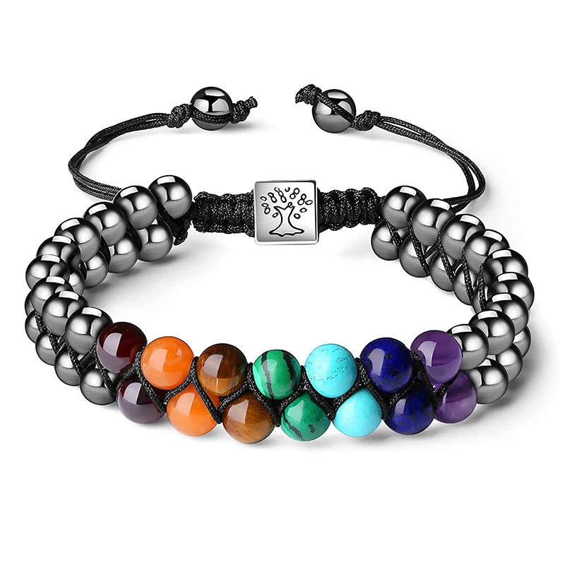 Pulseira Árvore Da Vida Trançada Com Pedras Dos Chakras De 4 Mm, Joia Artesanal Para Casais.