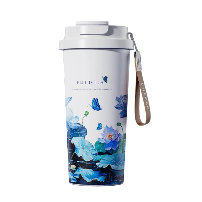 (blue Lotus 600ml) Garrafa Térmica De Aço Inoxidável De 600ml, Caneca De Café Com Dupla Função, Garrafa Térmica Portátil A Vácuo