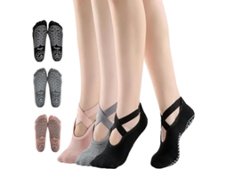 Meias de Ioga 3 Pares Antiderrapantes para Pilates, Balé, Dança, Esportes, Cores Preta, Cinza, Rosa AQUAFORGE
