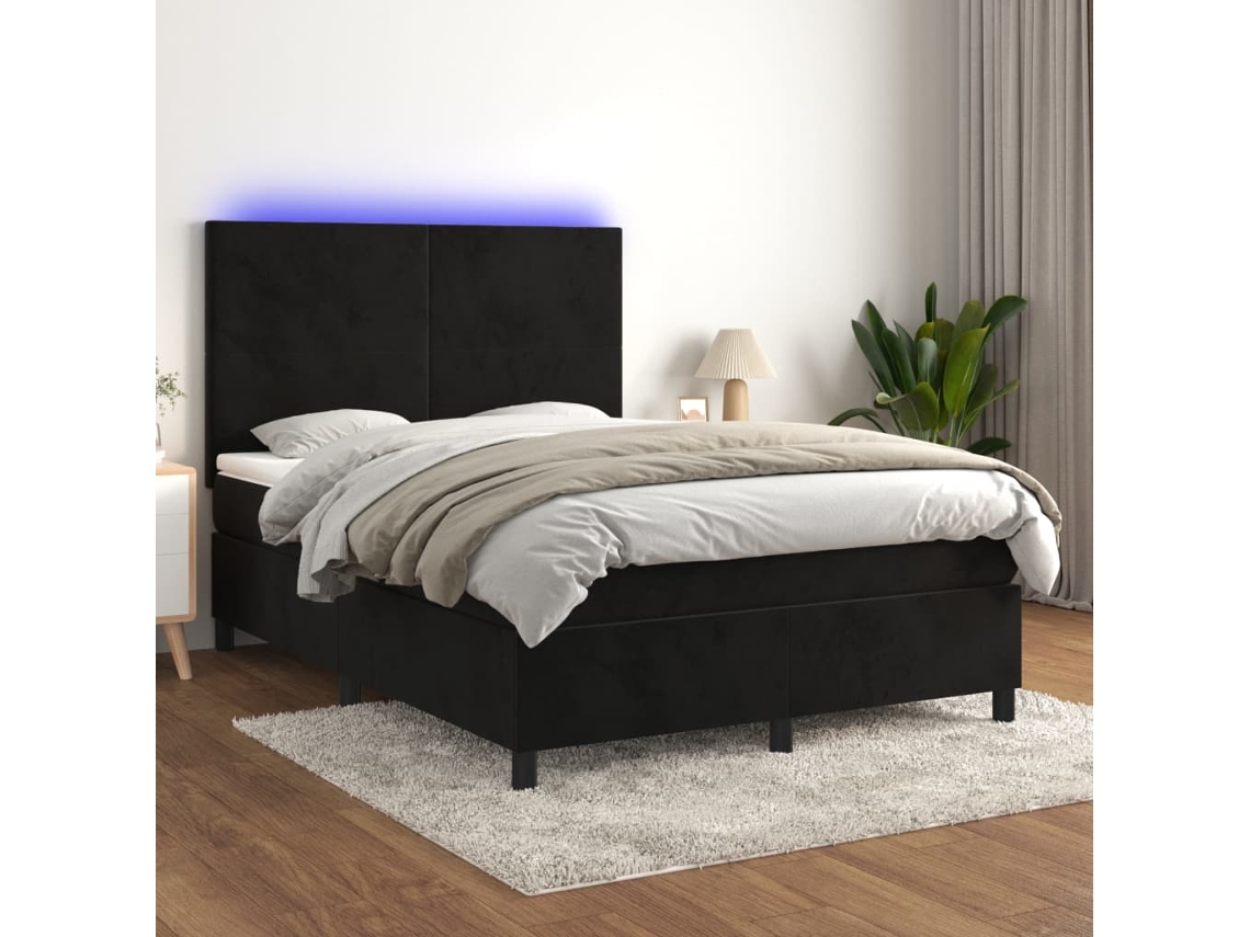 Cama Box Spring C/ Colchão/led 140x190 Cm Veludo Preto