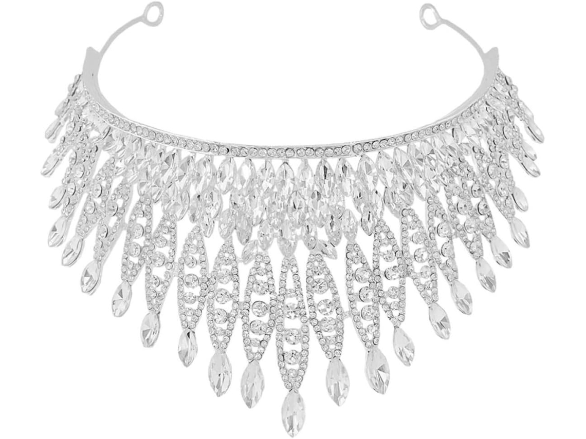Tiara de casamento em forma de coroa para a noiva, com faixa de zinco e cristais prateados, leve.
