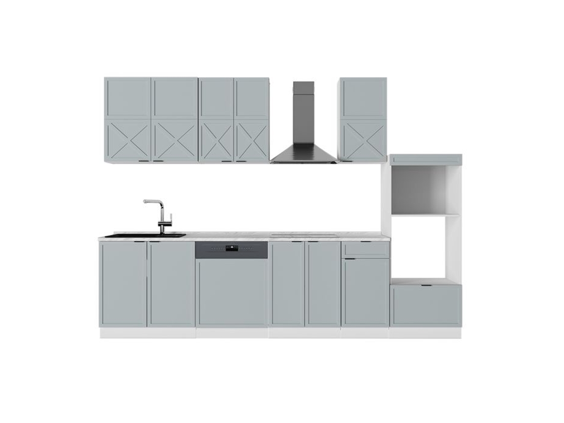 Cuisine Fame Line, 300cm Com Armário Alto, Pt Mármore, Azul Claro Cinza/branco, Branco, Vicco