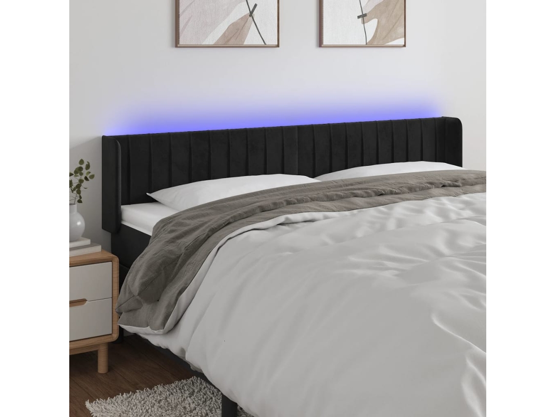 Vidaxl Cabeceira De Cama C/ Luzes Led Veludo 183x16x78/88 Cm Preto