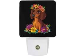 Luminária de parede LED com sensor crepuscular em formato de filhote de dachshund e flor.