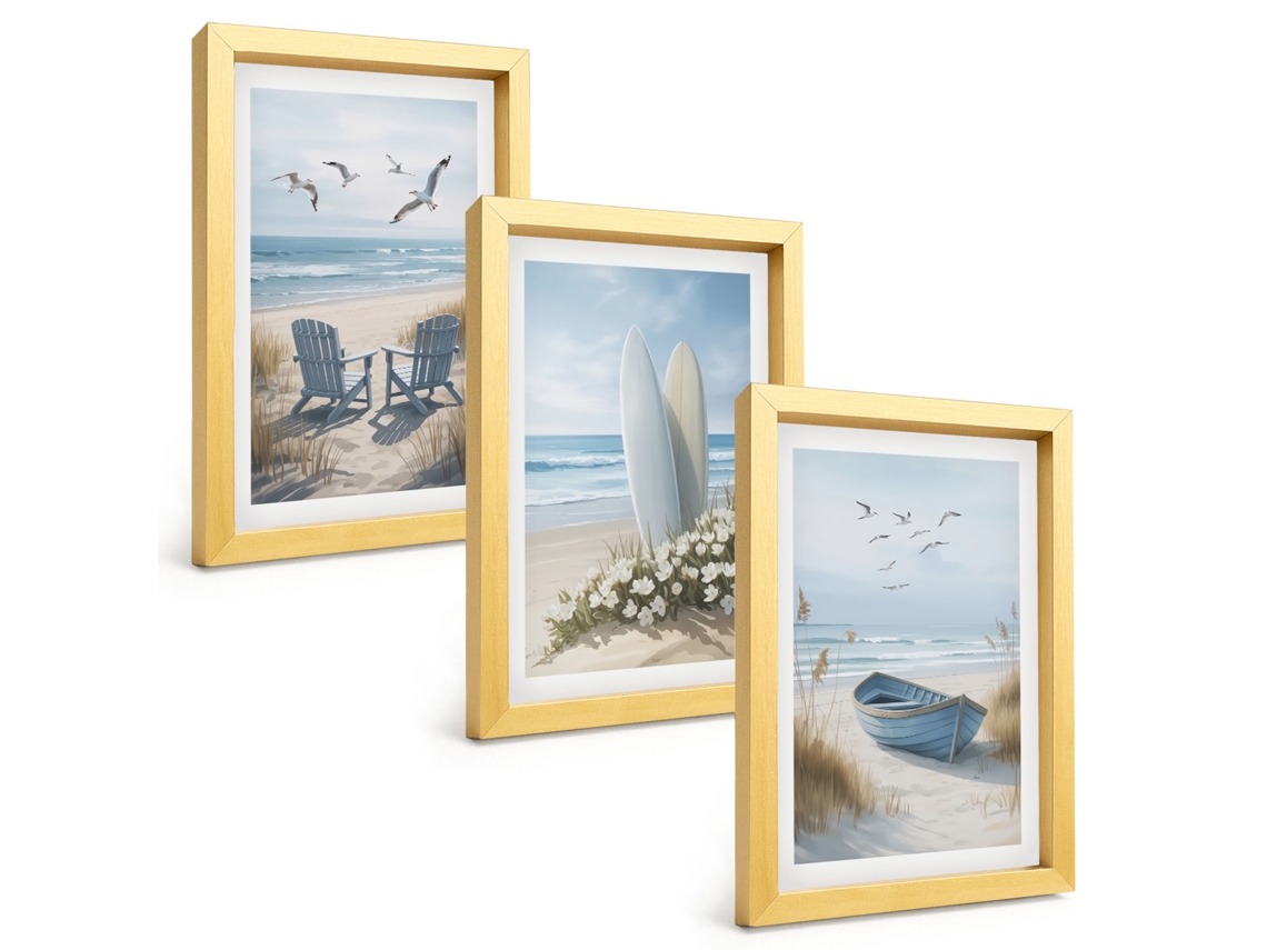 Quadros Decorativos Para Paredepraia, Pranchas De Surfe, Pássaros Moldura Dourada Quadros Para O Escritório Espelharte (3 Peças 20x30 Cm)