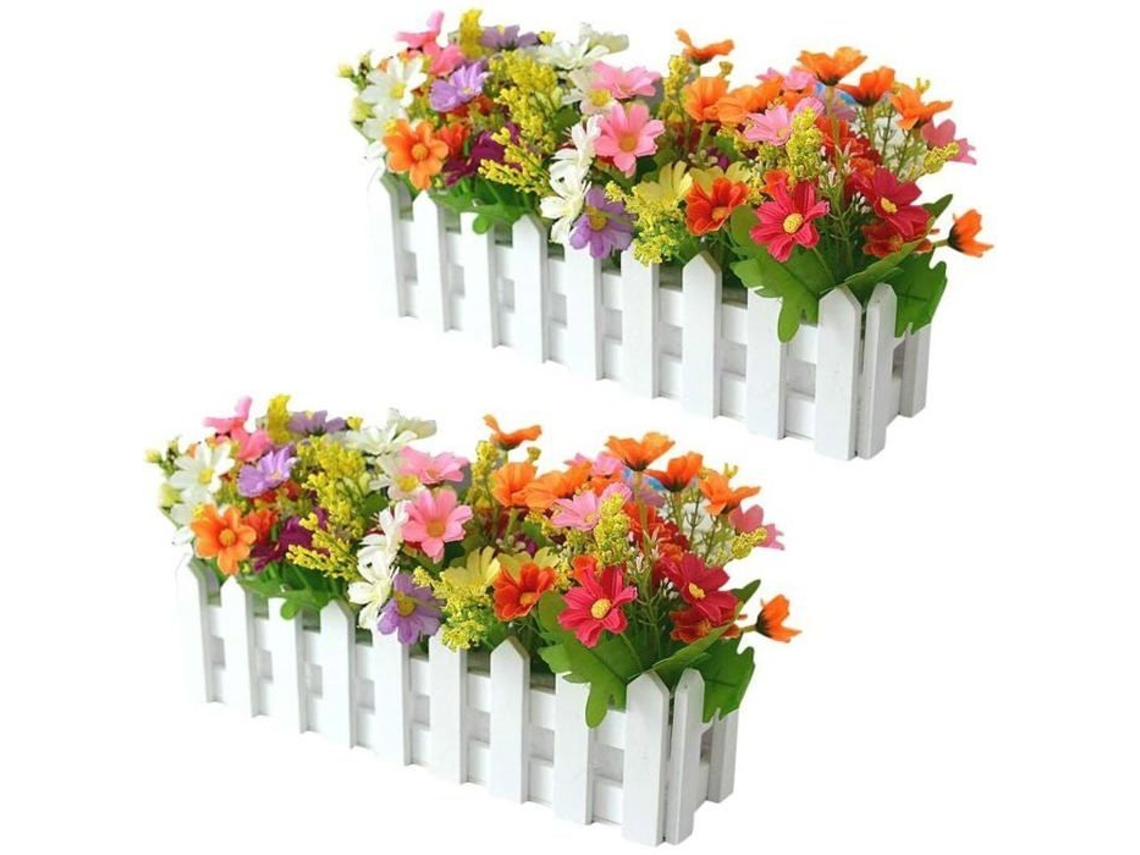 Arranjo de Flores Artificiais em Vaso, 2 Peças Decorativas com Cerca de Madeira, Orquídeas para Varanda, Sala de Estar e Jardim. AQUAFORGE