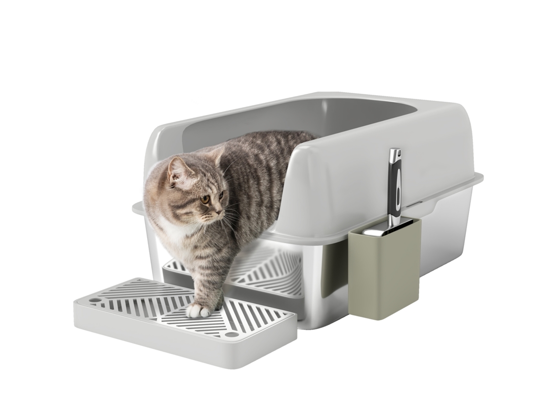 Bandeja Higiênica para Gatos em Aço Inoxidável, Fácil de Limpar, com Bordas Altas À Prova de Vazamentos, Pá Inclusa, Cinza. VELTUS TRADE