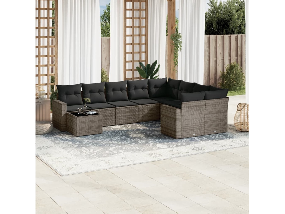 Vidaxl 10 Pcs Conjunto Sofás De Jardim C/ Almofadões Vime Pe Cinzento