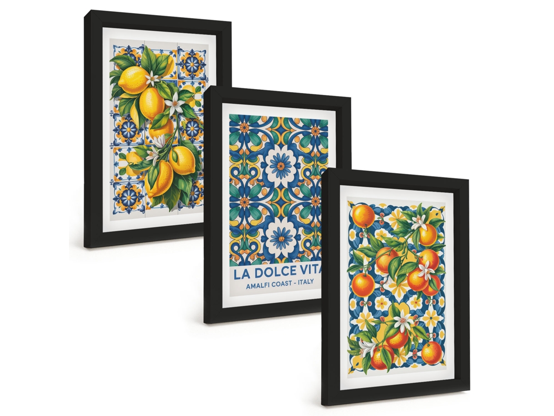 Galeria De Pinturas Muraisabstratos Coloridos De Frutas Cítricas Moldura Preta Fotos Para O Escritório Espelharte (3 Peças 20x30 Cm)