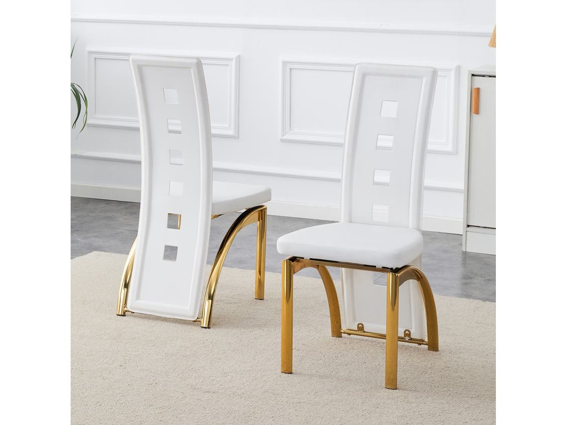 Par Cadeiras Jantar Europeias Perfurado Pu Branco Fosco Dourado