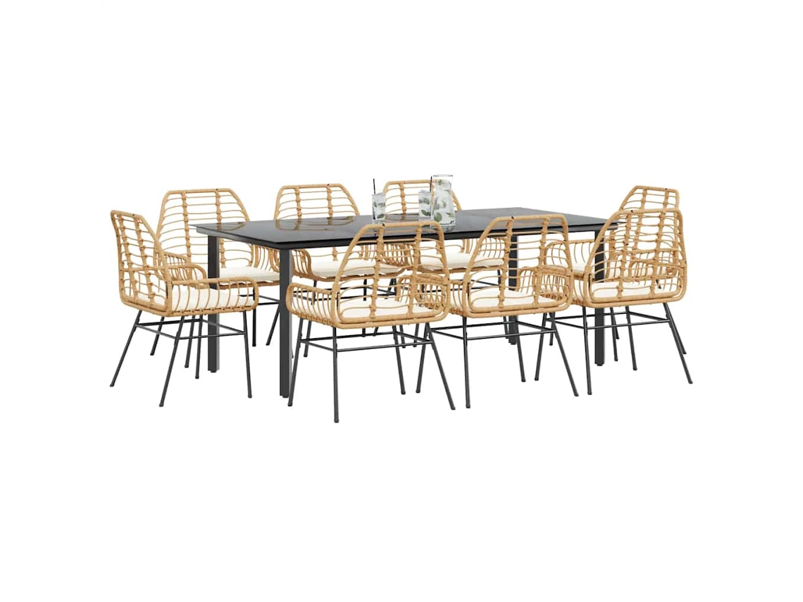 Vidaxl Conjunto Jantar Jardim 9 Peças Almofadas Vidro Vime Pe Castanho