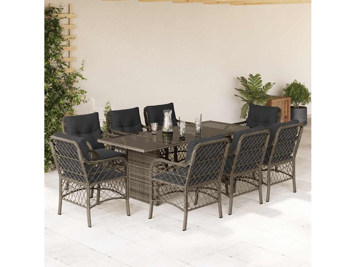 Vidaxl 9 Pcs Conjunto de Jantar P/ Jardim C/ Almofadões Vime Pe Cinza