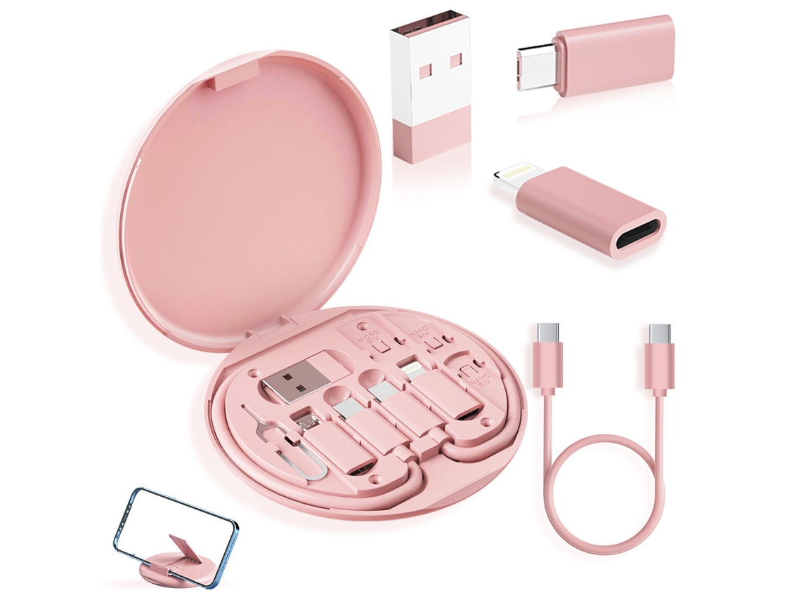 Kit De Cabos Multifuncional Com Caixa Armazenamento, Interfaces Micro/type, C/usb/apple E Pino Ejetor De Cartão(rosa)