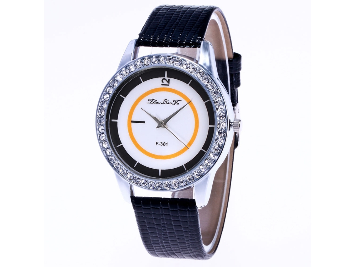 Relógio de quartzo unissex com pulseira de couro sintético e strass, mostrador redondo preto.