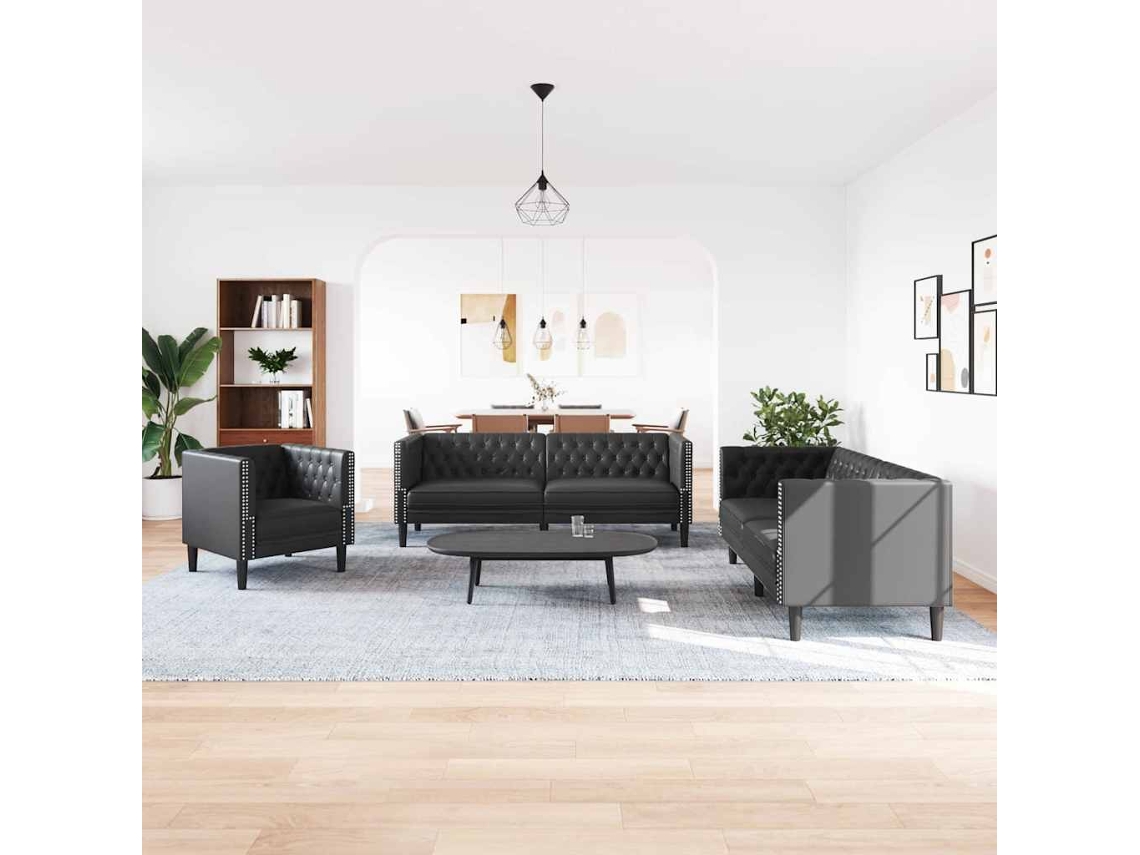 Vidaxl Sofá De Sala De Estar 3 Unid. Preto Couro Sintético