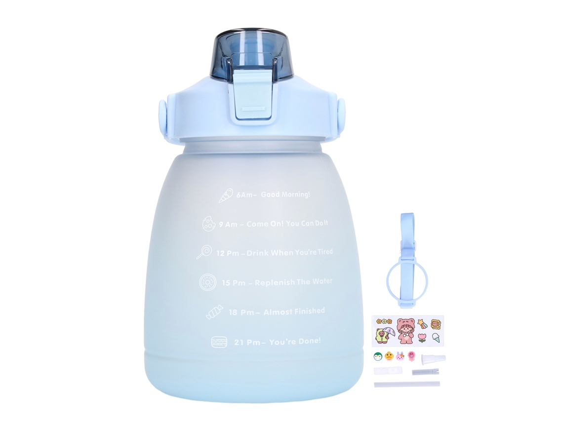 Garrafa de Água Esportiva Mali com Canudo, Cinto de Ombro, 1400ml, Marcas de Tempo, Azul Escuro