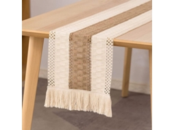 Toalha de mesa em algodão e juta com franjas, estilo boho, para jantares e festas, 30x120 cm, marrom e branca.