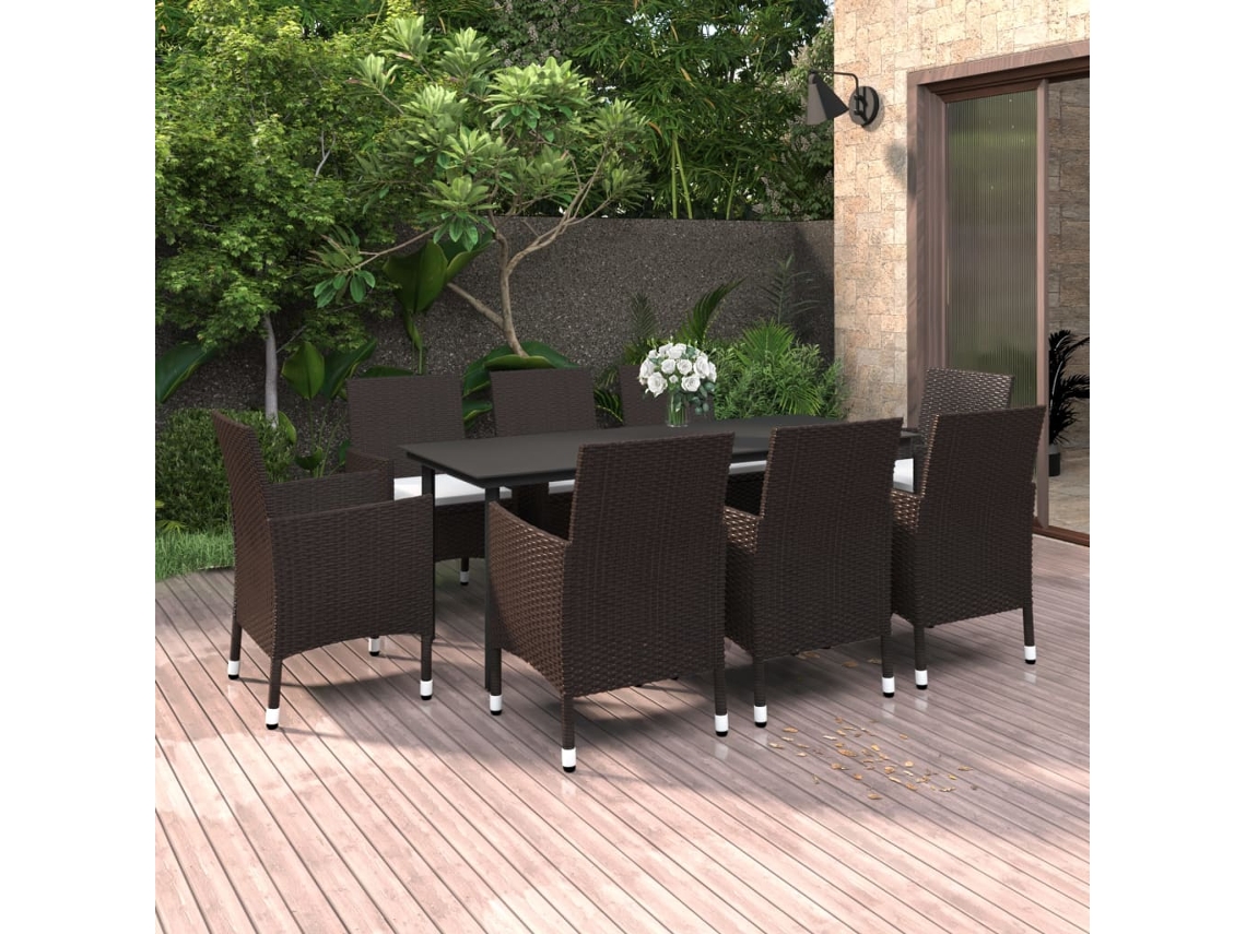 Vidaxl 9 Pcs Conjunto Jantar Jardim C/ Almofadões Vime Pe E Vidro