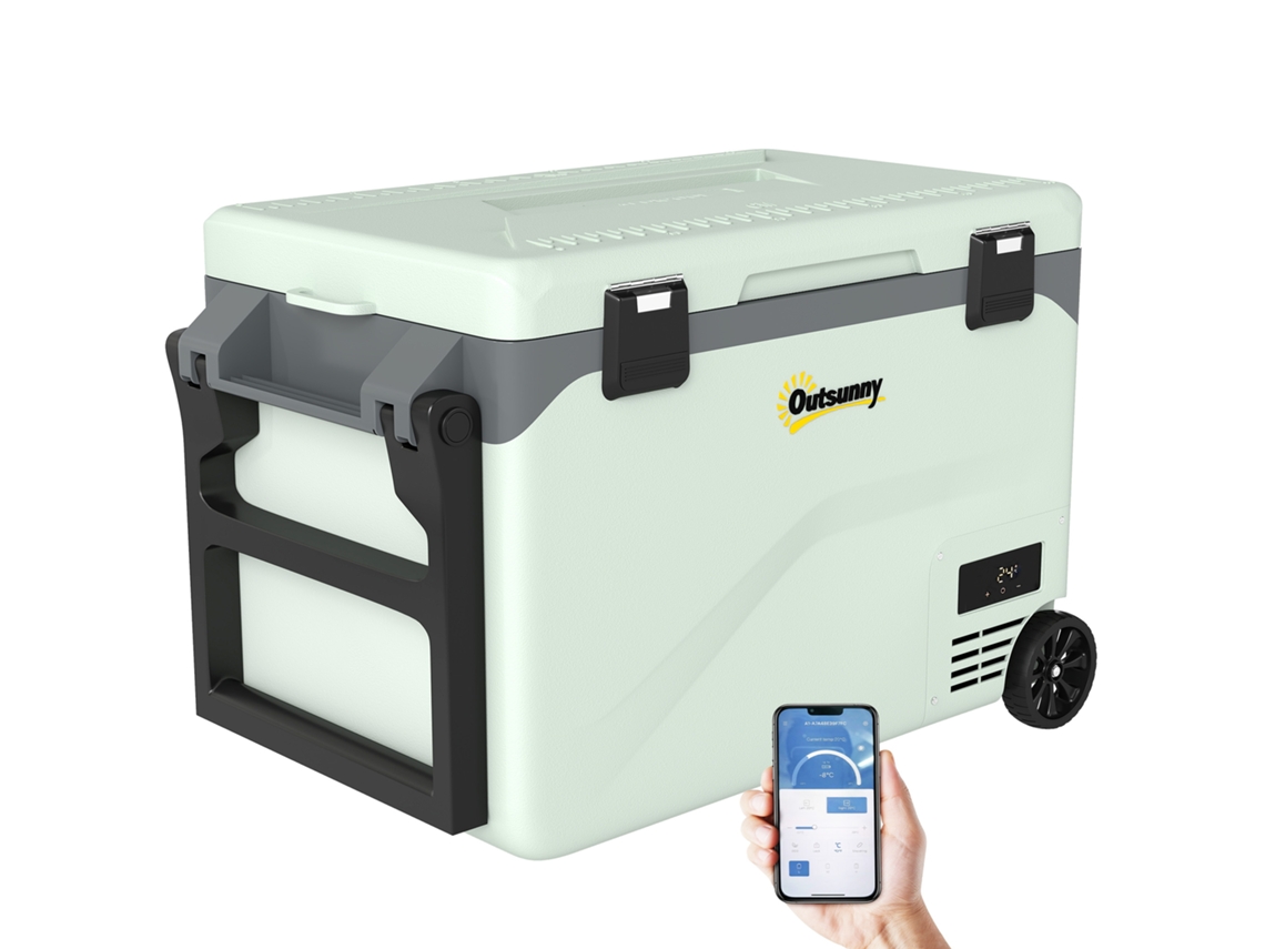 Geladeira portátil 42,5l com rodas, guidão e suporte verde com compressor, controle por app e 20°c a 20°c | S/MARCA