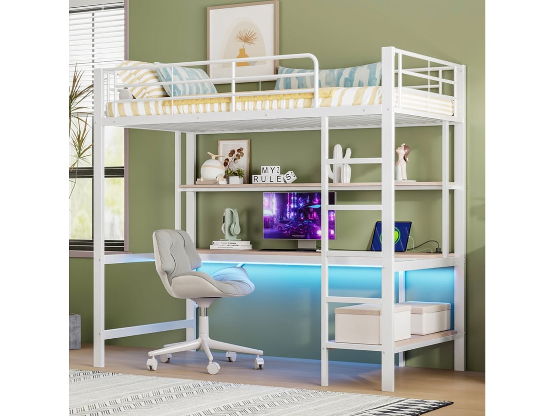 Cama Alta, 90*200 Cm, Com Grau de Proteção, Porta USB E Tomada Elétrica, Luzes Led, Prateleiras Em Vários Níveis, Colchão Não Incluso