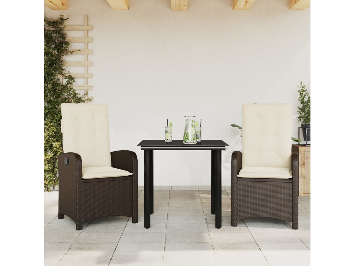 Vidaxl 3 Pcs Conjunto Jantar P/ Jardim C/ Almofadões Vime Pe Castanho