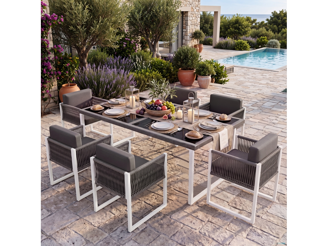 Conjunto De Mesa E Cadeiras De Corda Para Jardim, Com 6 Lugares, Encostos Removíveis E Capas Laváveis.