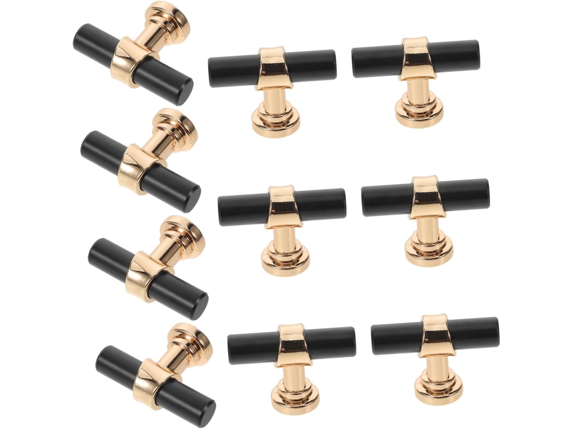 Conjunto De 10 Puxadores Liga Metálica Maciça Para Armários, Nas Cores Preto E Dourado, Com Acabamento Serrilhado E Furo