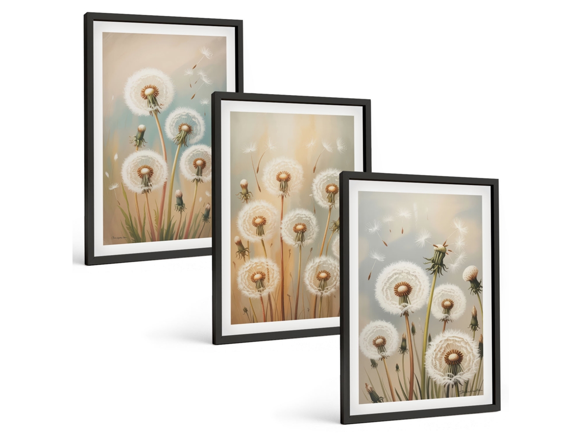 Conjunto De Pinturas Flores De Dente-de-leão, Tons Pastel Espelharte (3 Peças 40x60 Cm)