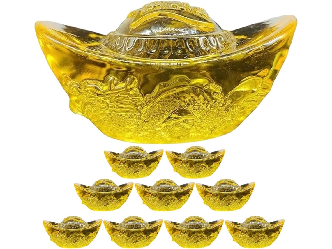 Conjunto 10 Lingotes Decorativos Cristal Dourado Modelo Dragão Yuanbao 4 Ornamento Escritório Decoração GOKOCO