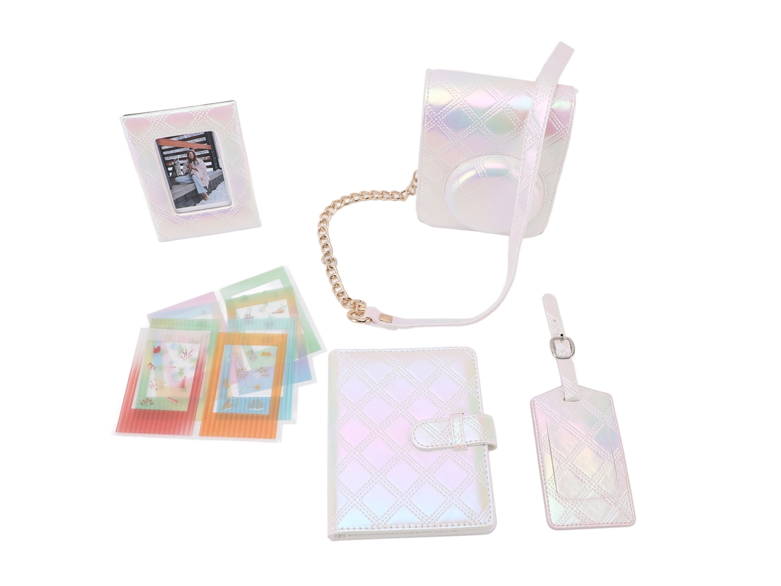 Protective Case Square Plaid Embroidery Thread Pu Leather Bag With Photo Album Photo Frame Boarding Pass Shell Photo Frame Stickers For Mini12 White LAXISCREED