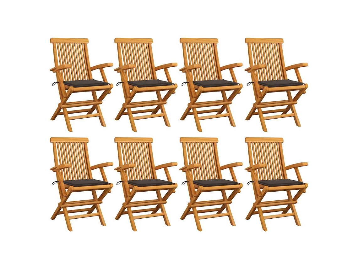 Vidaxl Cadeiras De Jardim C/ Almofadões Cinza-acast. 8 Pcs Teca Maciça