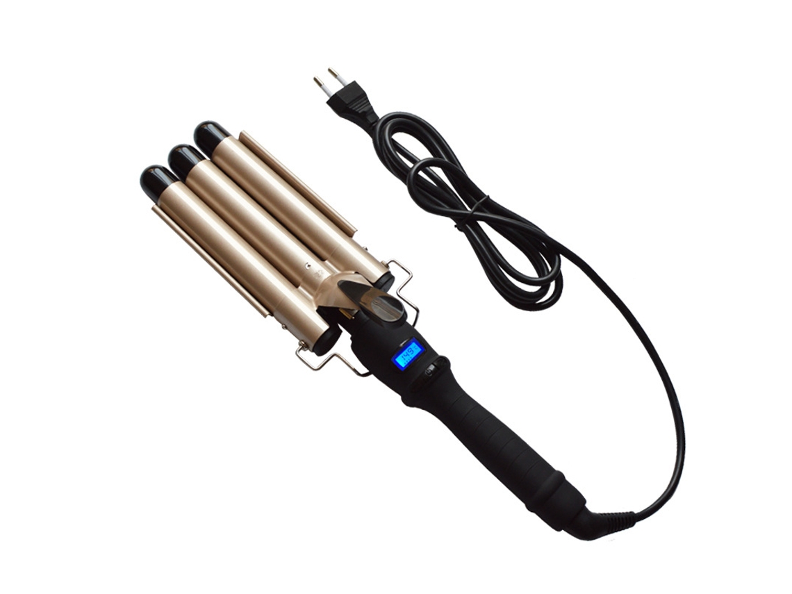 Modelador De Cachos Triplo De Cerâmica, Aquecimento Rápido, Controle De Temperatura Lcd, Efeito Ondulado, Dourado 25 Mm