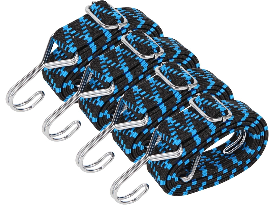 Cordas Elásticas Com Ganchos, 4 Unidades, Azul, Ajustável, Elástica