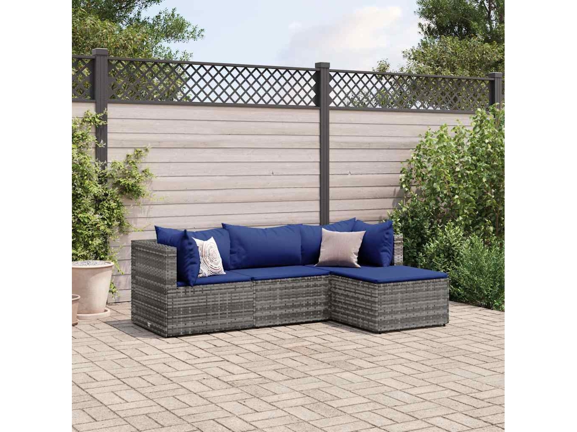 Vidaxl 4 Pcs Conjunto Lounge De Jardim C/ Almofadões Vime Pe Cinzento
