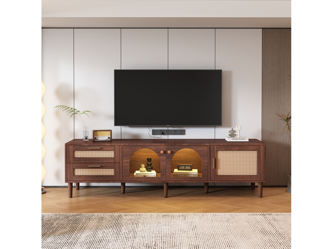 Móvel TV 80 polegadas, 2 Gavetas de Rattan, 2 Portas de Vidro Curvo, Led, 8 Pés, 180x40x50 cm KOMHTOM