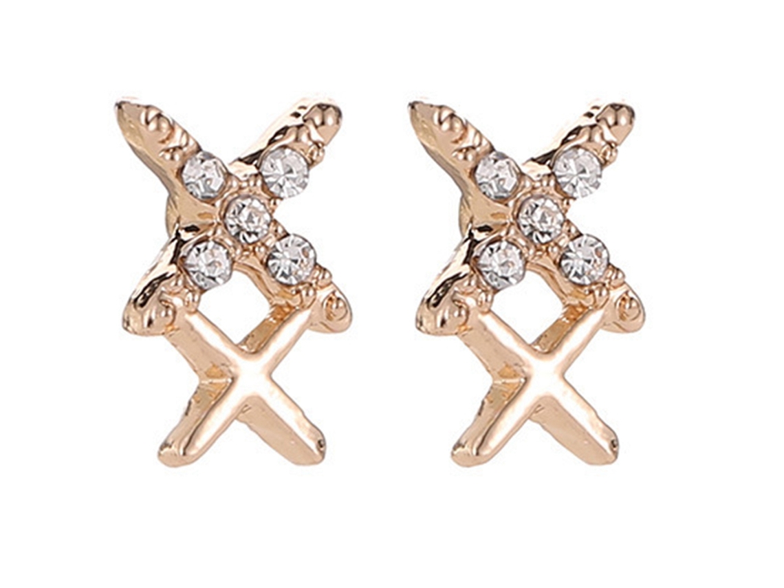 Brincos De Ouro Strass Duplo X Estilo Fashion