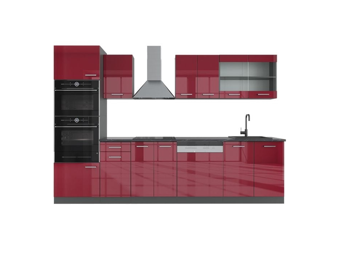 Cozinha R-Line, 300 cm com armário alto, sem bancada, Borgonha alto brilho/antracite, Vicco