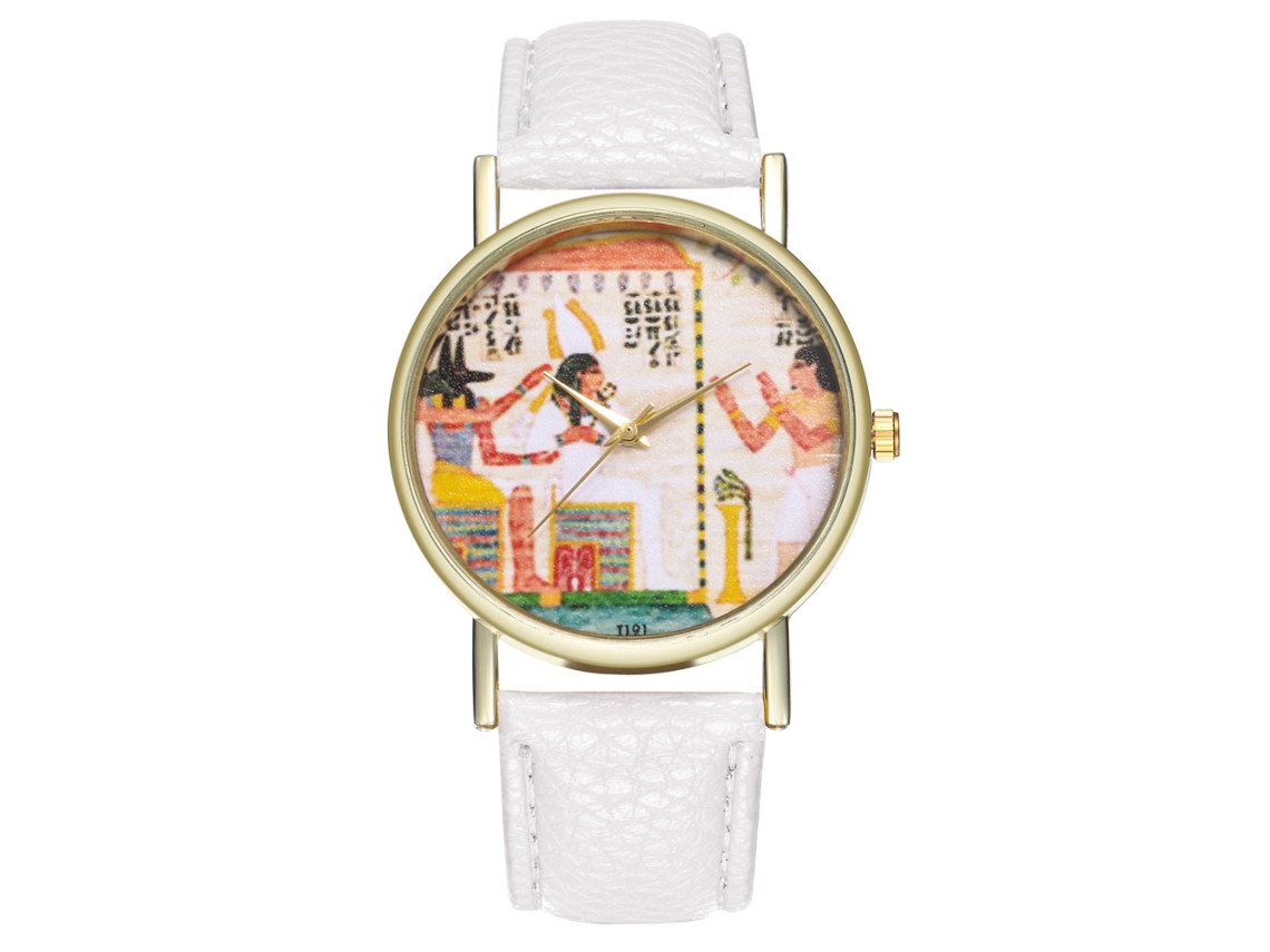 Relógio de Pulso de Quartzo com Pulseira de Couro Padrão Vintage para Mulheres e Homens (branco)