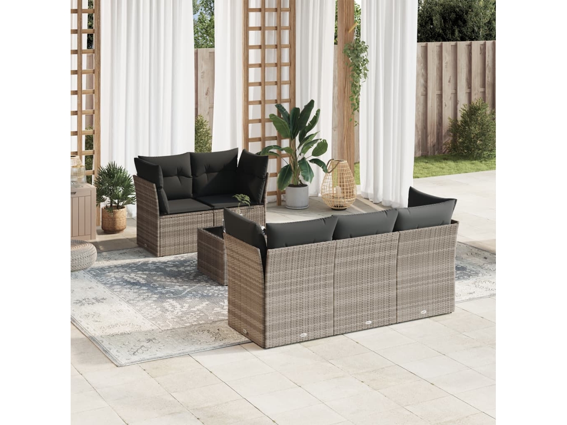Vidaxl 6 Pcs Conj. Sofás Jardim Com Almofadões Vime Pe Cinzento-claro