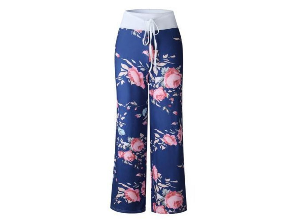 2026 pantalones Amplos de Mujer Con Estampado Floral Elástico, Cómodos para Descanso Y Uso Casual M Blue1