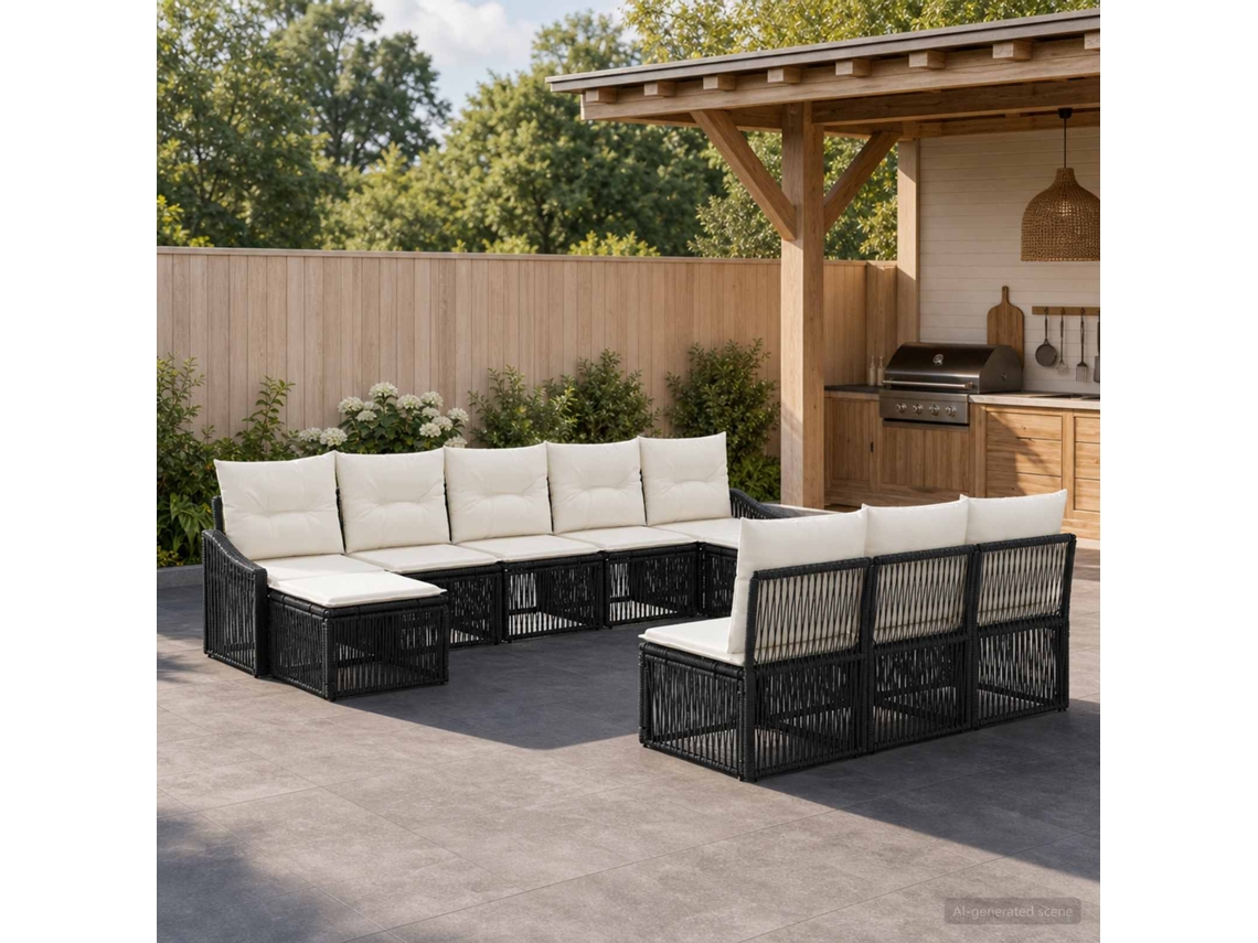 Vidaxl Conjunto De Sofá De Jardim 10 Pcs Preto Vime Pe